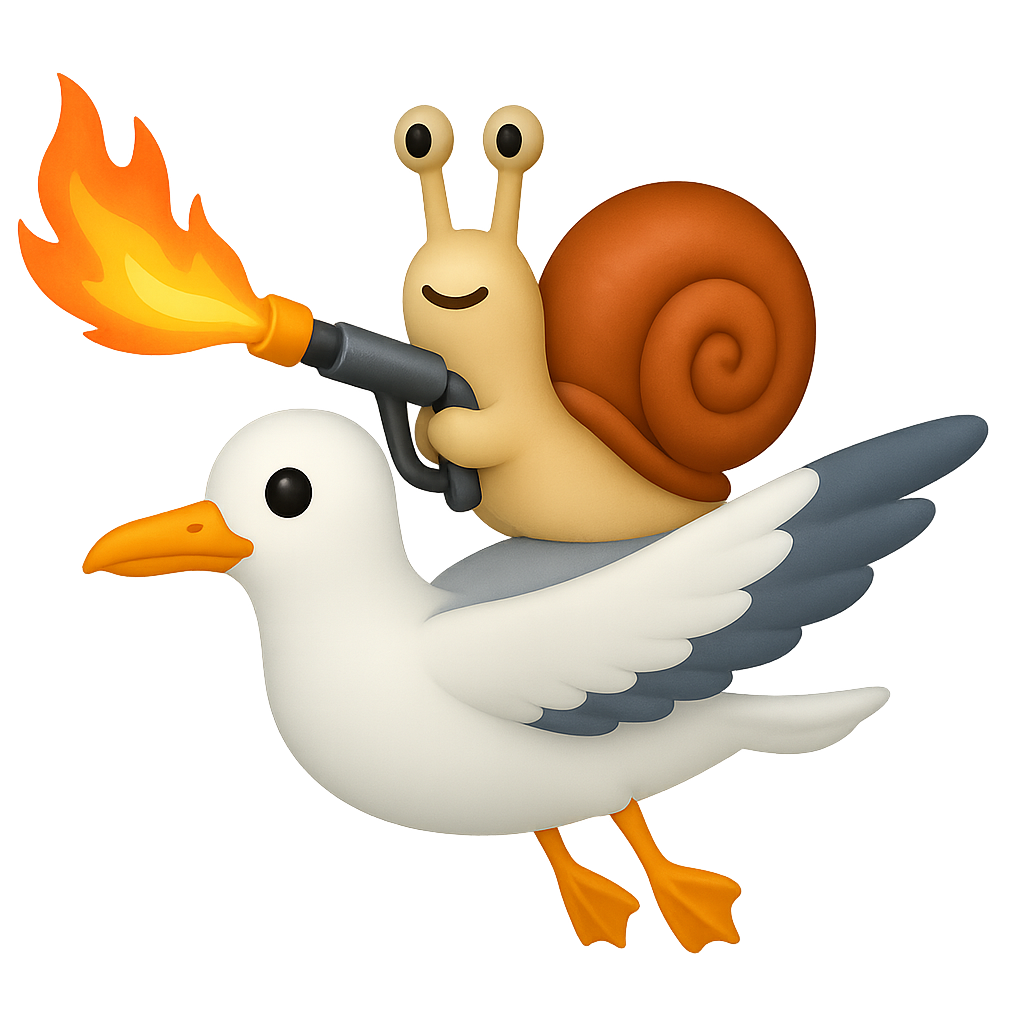 Snail riding a duck with a torch